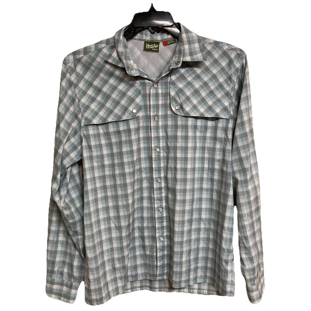 Men's Howler Brothers Long Sleeve Shirt Vented Pearl Snap Blue Gray Checks Sz Sm